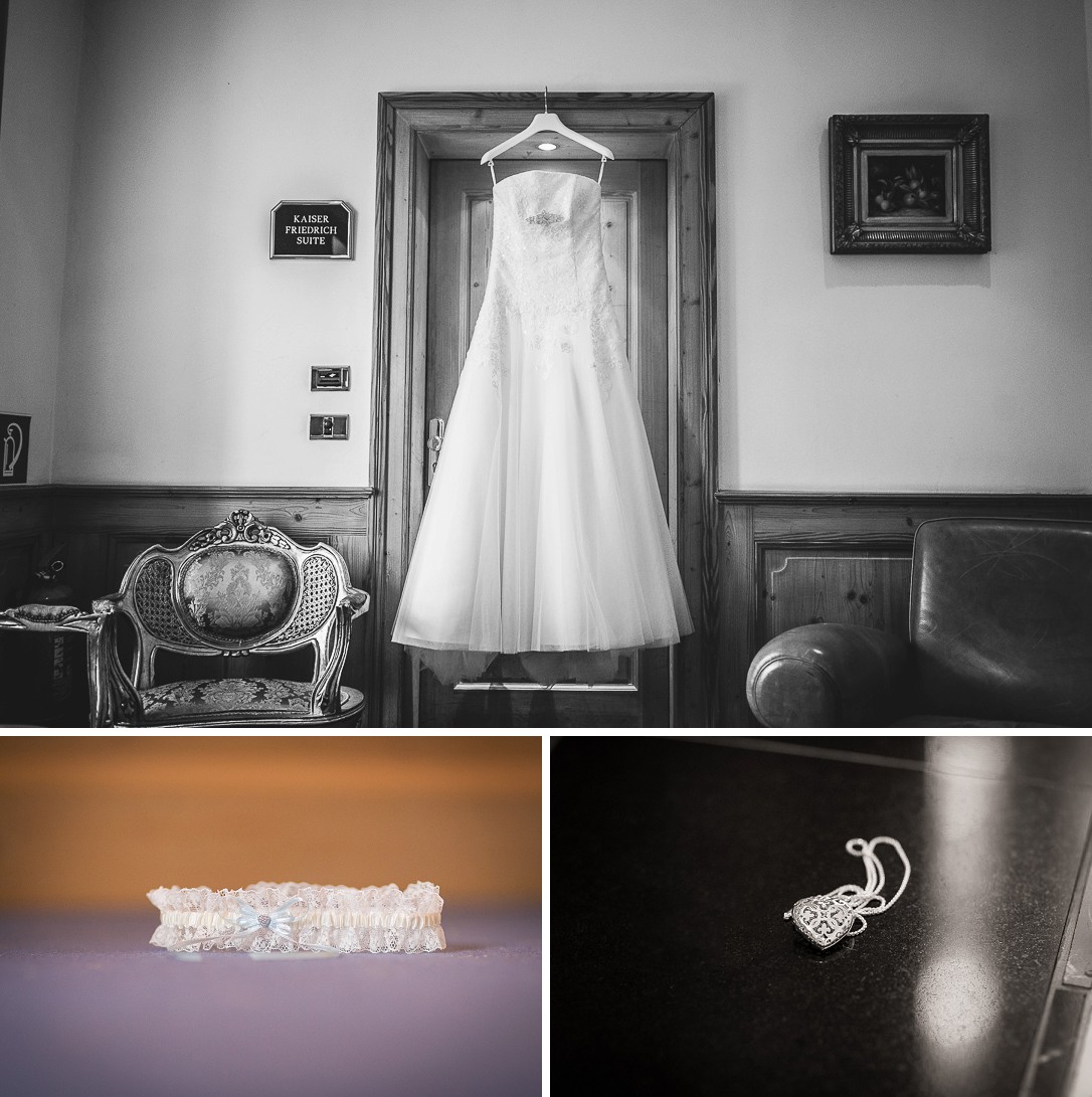 Hochzeitsfotos vom Brautklei und den Details der Hochzeit